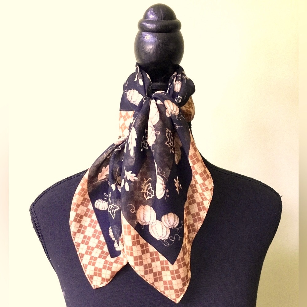 Vintage Pumpkin Acorn Leaves Plaid Border Sheer Italy Scarf
